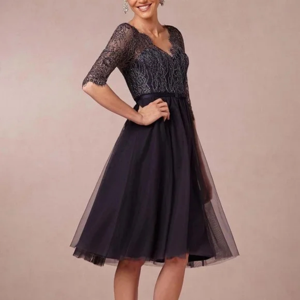 Anthropologie Va et Vien for BHLDN navy blue lace tulle skirt belted dress